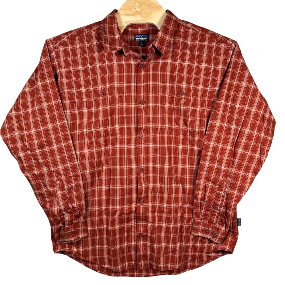 Patagonia Plaid Button Down Mens XL Red Organic Cotton Long Sleeve Camp Workwear